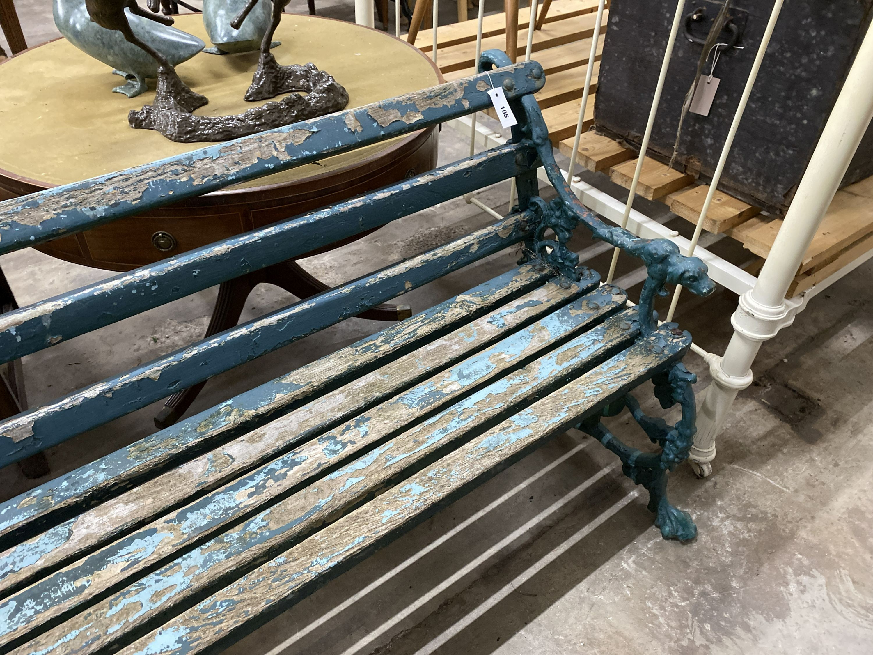 A Victorian Coalbrookdale painted cast iron serpent and grape slatted garden bench, length 160cm, depth 50cm, height 80cm